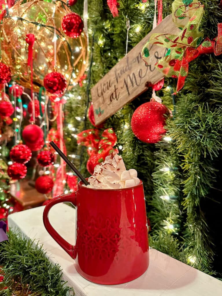 Rich Tutus Hot Mexican Cocoa cocktail topped with whipped cream and marshmallow served at The Christmas Bar Hawaii in Honolulu Oahu.