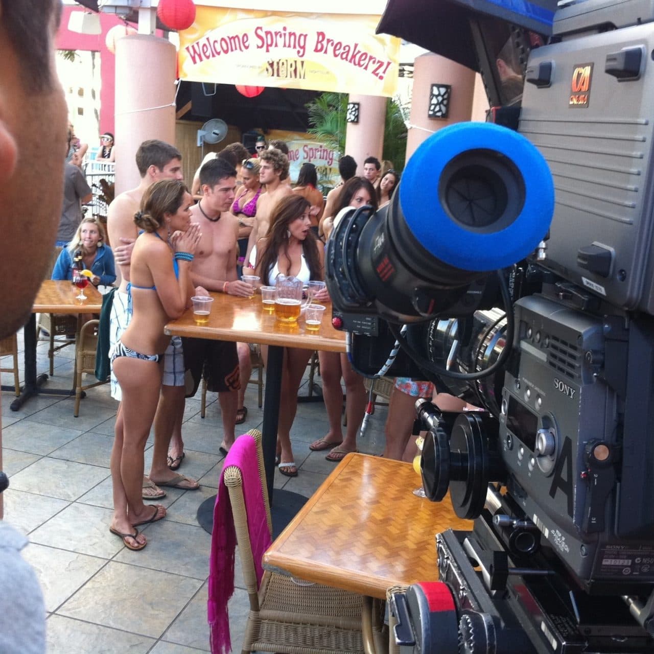 Television camera and crew filming Hawaii Five-0 at Tiki's Grill & Bar in Waikiki